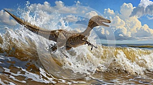 A feathered Deinonychus plunging into the waves its streamlined body perfect for diving and catching fish