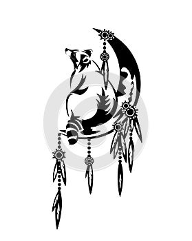 feathered dream catcher with moon crescent and raccoon black and white vector design