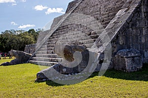 The feathered serpent kukulkan of the mayan temple and pyramid chichen itza in the mexican town of piste Mexico