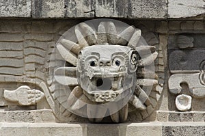 Feathered Serpent stone head in the Temple of Quetzalcoatl in Teotihuacan, Mexico