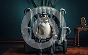 Feathered Sophistication Penguin on a Lavish Armchair. Generative AI