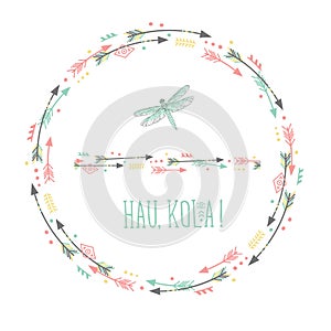 Feathers and arrows. Vintage wreath border in boho style. vector