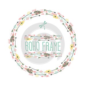 Feathers and arrows. Vintage wreath border in boho style. Watercolor vector