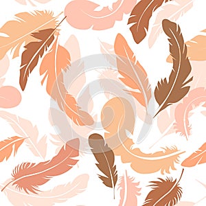 Feathers of different shapes of orange shades on a white background, seamless pattern