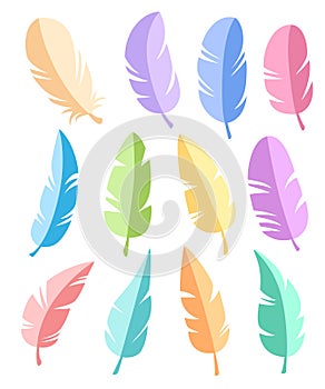 Feathers of different shapes vector set. Icons feathers in a flat style. Isolated on a white background. Collection of silhouettes