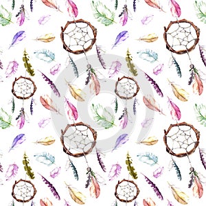 Feathers, dream catcher. Seamless repeating pattern. Watercolor background