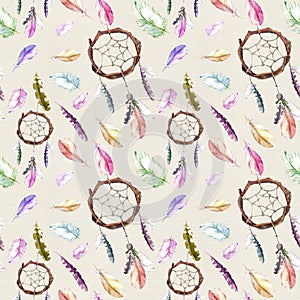 Feathers, dream catcher. Seamless repeating pattern. Watercolor background