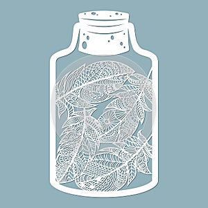 Feathers in a glass jar. Laser cutting. Vector illustration. Pattern for laser cutting, scrapbooking, plotter and screen