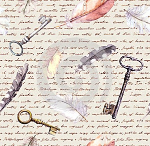 Feathers, keys pattern, paper texture with hand written text notes. Watercolour vintage seamlesss background