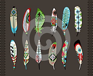 Feathers painted with colorful ethnic pattern