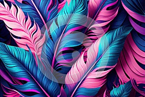 Feathers pattern, vivid purple and blue colored abstract bird feather background