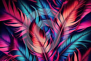 Feathers pattern, vivid purple and blue colored abstract bird feather background