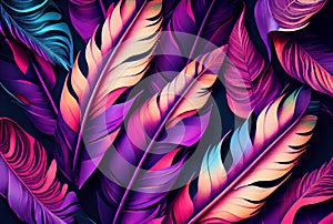 Feathers pattern, vivid purple and blue colored abstract bird feather background