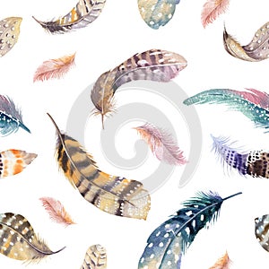 Feathers repeating pattern. Watercolor background with seamless