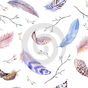 Feathers repeating pattern. Watercolor background with seamless