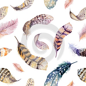 Feathers repeating pattern. Watercolor background with seamless