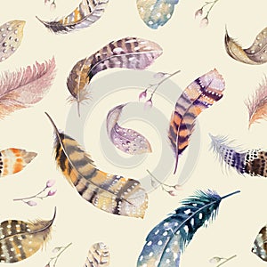 Feathers repeating pattern. Watercolor background with seamless