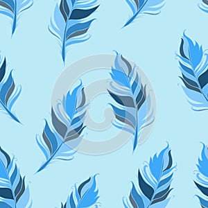 Feathers Seamless pattern. Vector illustration. Blue background