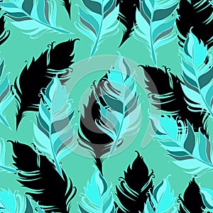 Feathers Seamless pattern. Vector illustration. Green background