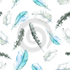 Feathers seamless pattern. Watercolour background