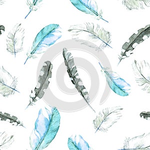 Feathers seamless pattern. Watercolour background photo