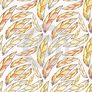 Feathers seamless pattern in yellow colors. Pattern for fashion textile and wrap paper print. Soft wallpaper design