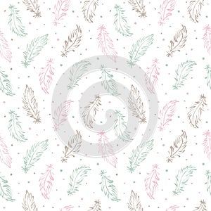 Feathers and specks boho style seamless vector pattern