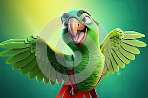 Feathers of Valor: A 3D-Rendered Parrot\'s Dream Realized on Green Gradient Background