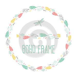 Feathers. Vintage wreath border in boho style. Watercolor vector