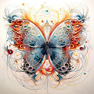 Feathery butterfly with spiraling sphere and colorful corners