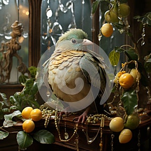 feathery partridge in a pear tree, sitting on a table with beads