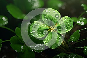 Feature a closeup of a dewcovered clover leaf