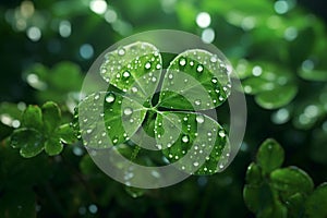 Feature a closeup of a dewcovered clover leaf