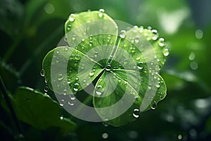 Feature a closeup of a dewcovered clover leaf. Generative ai