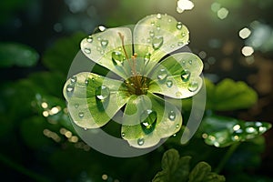 Feature a closeup of a dewkissed shamrock. Generative ai