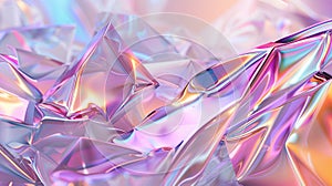 Featured in a 3D rendering are an abstract geometric crystal background, iridescent texture, faceted gem, wave, and