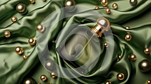Featured here is a perfume bottle on a folded olive green silk fabric with golden pearls. The image was created using a