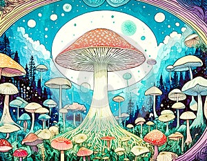 Featured mushrooms. Magical mushroom art. Mycelium network. AI Generated.