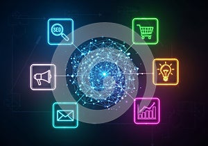 Features a central nucleus of interconnected nodes and lines,