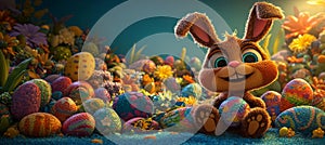 Features a charming little Easter bunny surrounded by numerous brightly painted eggs on a green backgroundEaster holiday