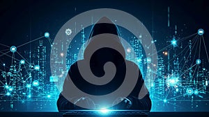 Features a cityscape with interconnected digital nodes and binary code,