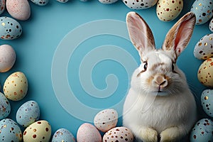 Fluffy Rabbit Surrounded by Decorated Eggs on Blue Background, Close Up, Easter Theme