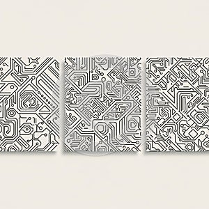 Features a complex, interconnected network of geometric lines and