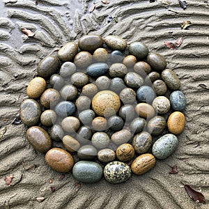 Features concentric ripples in the sand possibly caused by water