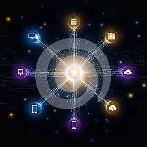 Features a dark space-like setting with digital circuitry and