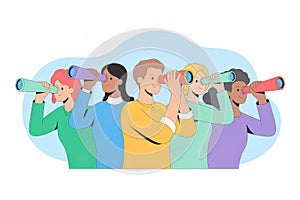 Diverse Group Looking Through Telescopes on White Background, Teamwork, Vision
