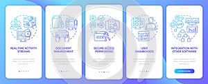 Features of online office blue gradient onboarding mobile app screen