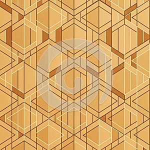 Features a repeating design of interlocking cubes and lines in shades