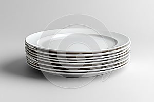 Stack of Round White Porcelain Plates, Tableware Pile, Dinnerware on White Background