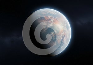 Features swirling clouds and a blend of blue, green, and red hues,